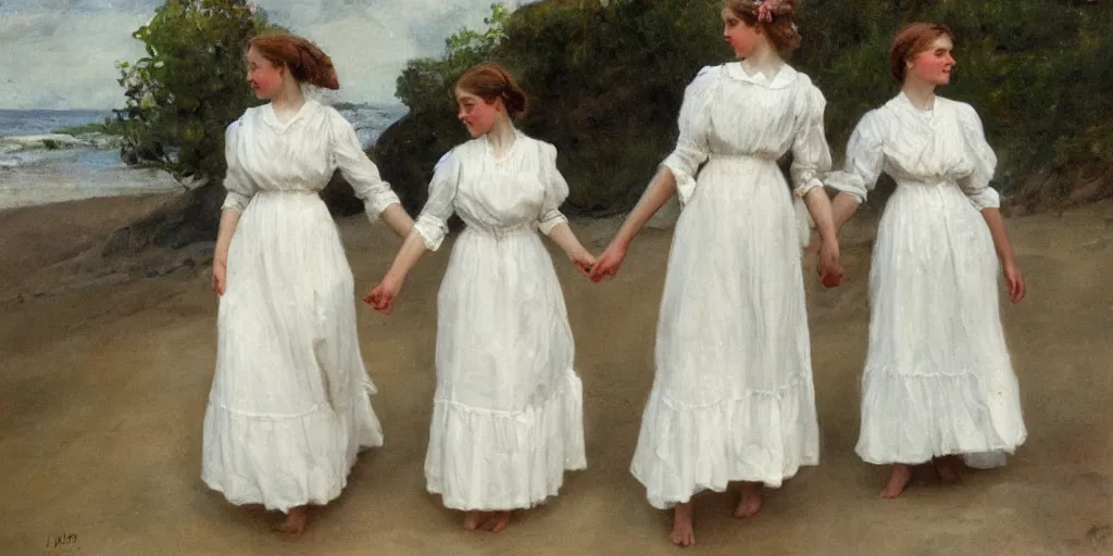 Image similar to two young edwardian women wearing white dresses hold hands on a beach in Sweden, in the style of Anders Zorn