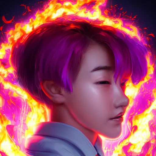 Prompt: Portrait of a Japanese schoolgirl with short hair and lilac eyes causing flames in a moment of rage, hyperdetailed, artstation trending, world renowned artists, cgsociety, by Boris Valejjo, Deviantart