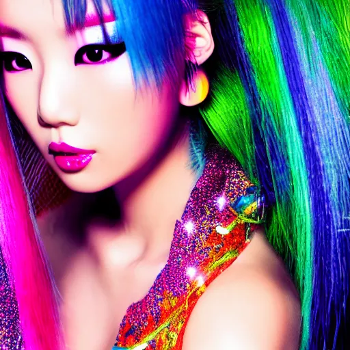 Image similar to japanese model with maximalist hair style and makeup, bright colors, fashion model, portrait shot, glitter, depth of field, 8 k, hyper detailed, intricate, trending on artstation