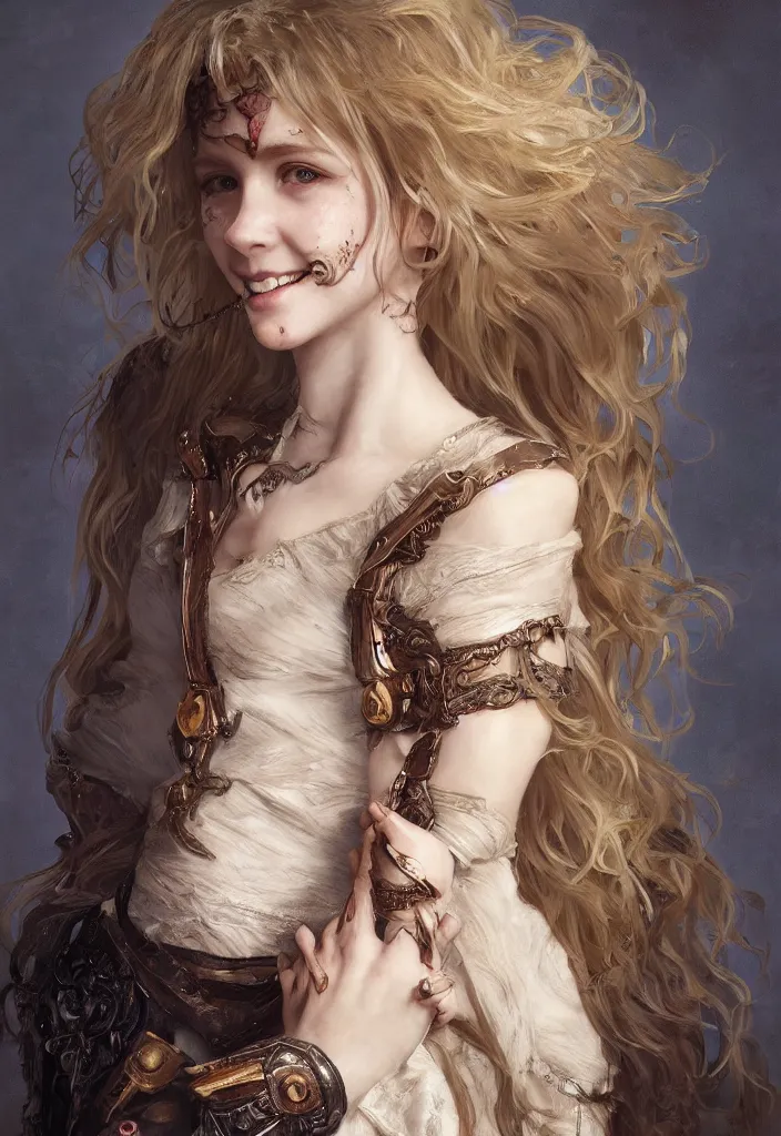 Prompt: portrait of a blonde vampire girl, child, freckles, smiling, messy curly hair, dark leather armor, sword, intricate and very beautiful and elegant, highly detailed, digital painting, artstation, concept art, smooth and sharp focus, cg by tian zi and wlop and alphonse mucha