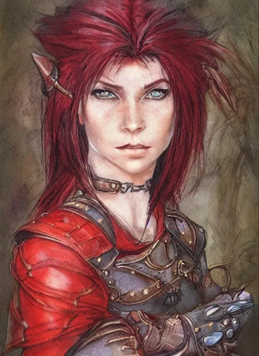 Image similar to portrait of strong female ranger, beautiful! coherent! dungeons and dragons character, by brian froud, strong line, deep color, leather armor, short red hair, high contrast