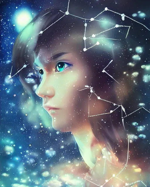 Prompt: constellation portrait double exposure, whimsical fantasy painting by leiji matsumoto and ross tran
