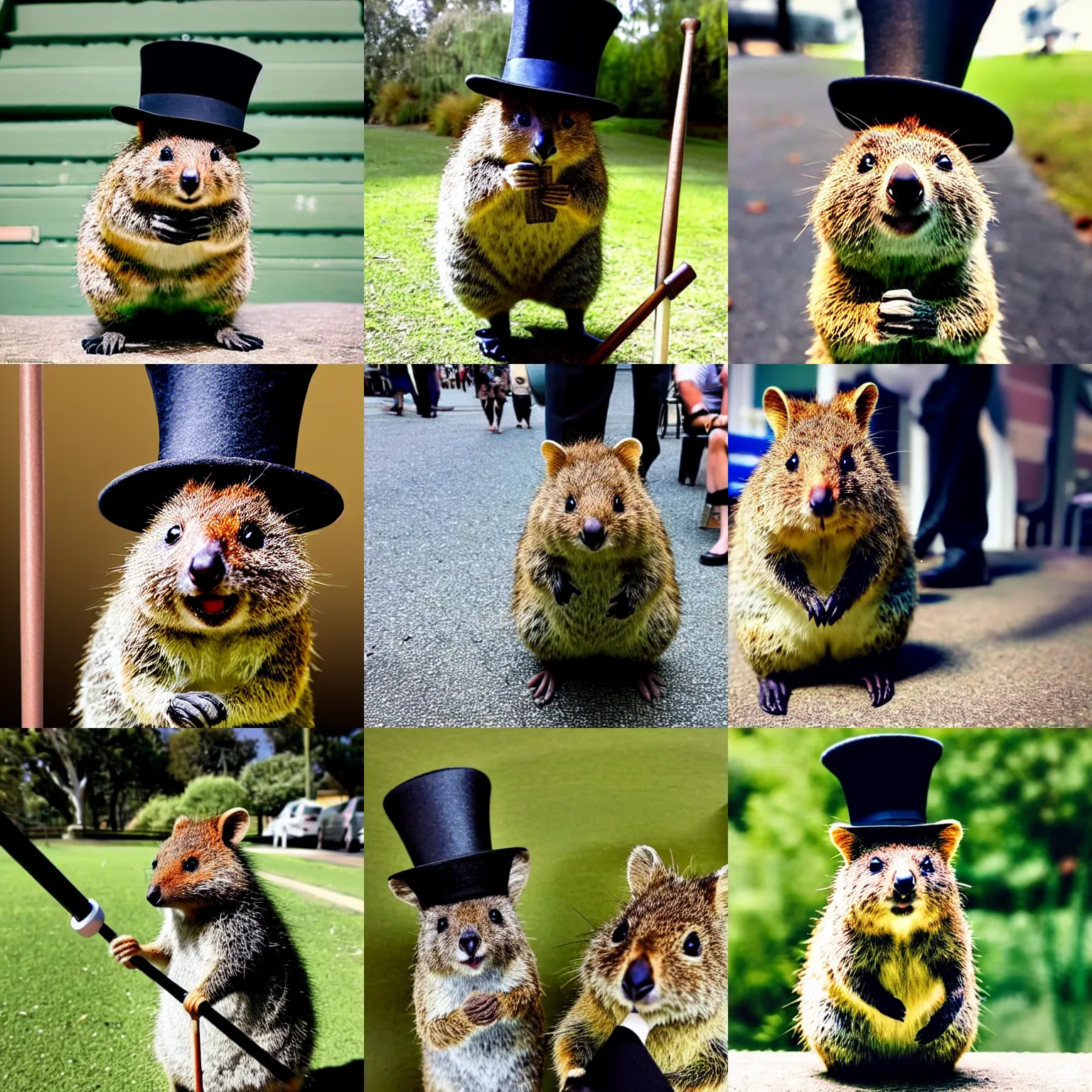 Prompt: photo of a quokka holding a cane and wearing a tophat