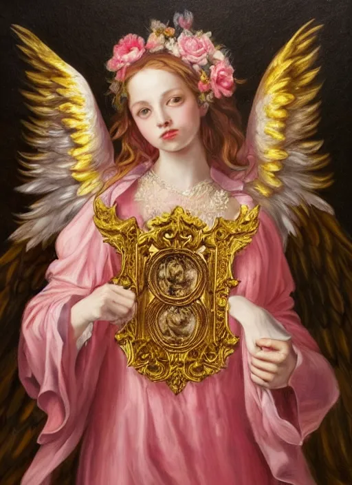 Prompt: full body oil painting of smoking wolf wearing pink shirt, in the style of sophie anderson, angel wings, angelic golden armor, dramatic painting, symmetrical composition, ornate, high detail, gold detailed collar, blooming, lights, flowers,