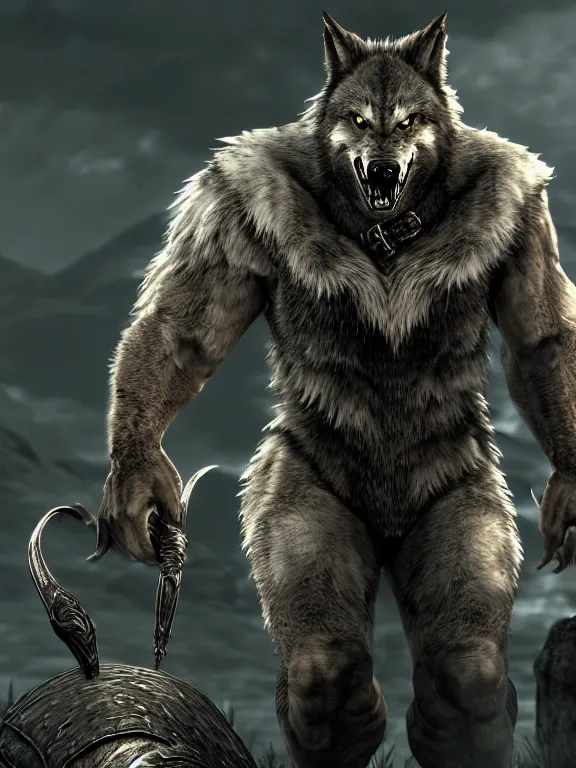 Image similar to cute handsome cuddly burly surly relaxed calm timid werewolf from van helsing unreal engine hyperreallistic render 8k character concept art masterpiece screenshot from the video game the Elder Scrolls V: Skyrim