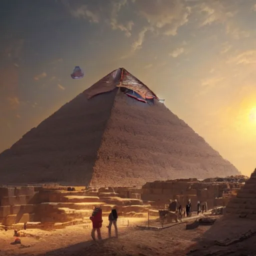 Prompt: Glowing bright UFO helping the construction of the ancient pyramid of Giza , by Greg Rutkowski and Thomas Kinkade, trending on artstation 4k, dramatic lighting, intense.