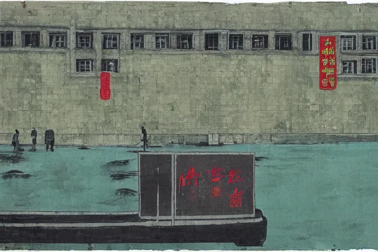 Image similar to a chinese prison near a river by peter doig, overlaid with chinese adverts