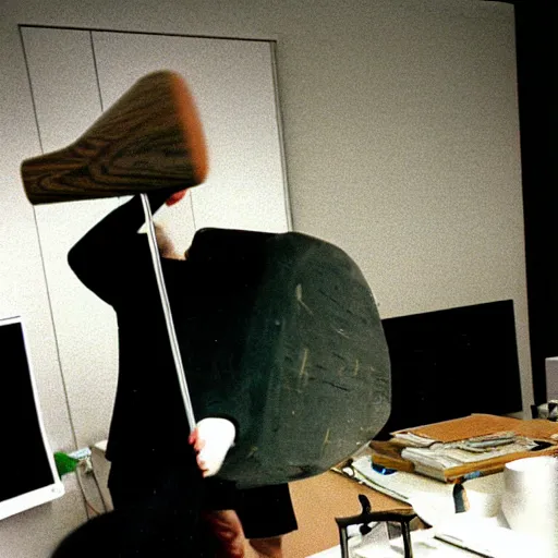 Prompt: bjarne stroustrup smashing a computer with a large mallet, photograph in an office taken in 1 9 9 5