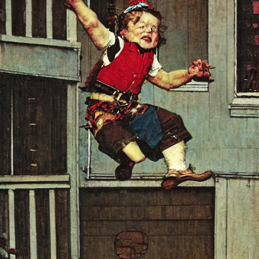 Image similar to close up portrait of dwarf jumping from balcony by norman rockwell, illustration, 5 0 mm lens,