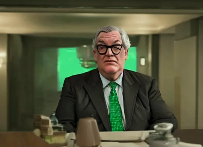 Prompt: film still of hermes conrad black man with frizzy hair and square glasses wearing a green suit in the new scifi movie, 4 k