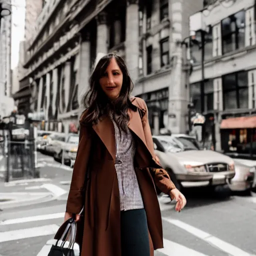 Prompt: portrait of a woman wearing dark brown trench coat with dark brown long hair with bangs walking in new york city