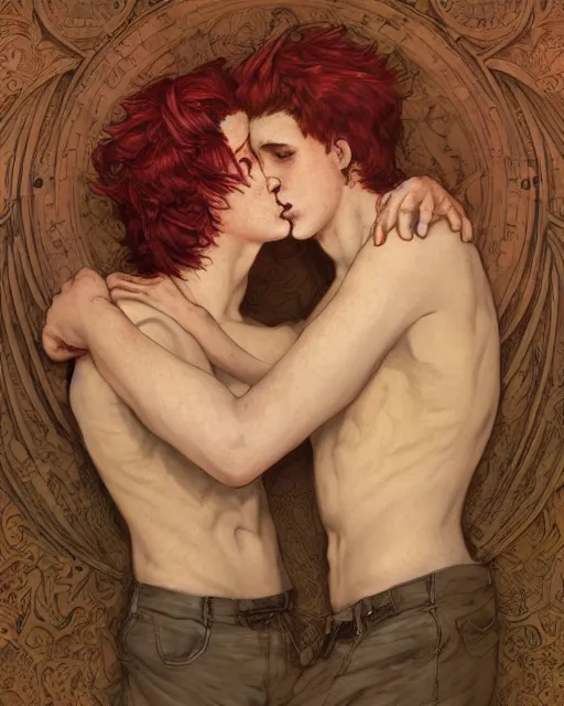 Image similar to portrait of 1 9 - year - old male twins with red hair and freckles, two male, wearing shirts, hyper realistic face, beautiful eyes, fantasy art, in the style of greg rutkowski, intricate, alphonse mucha, hyper detailed, smooth