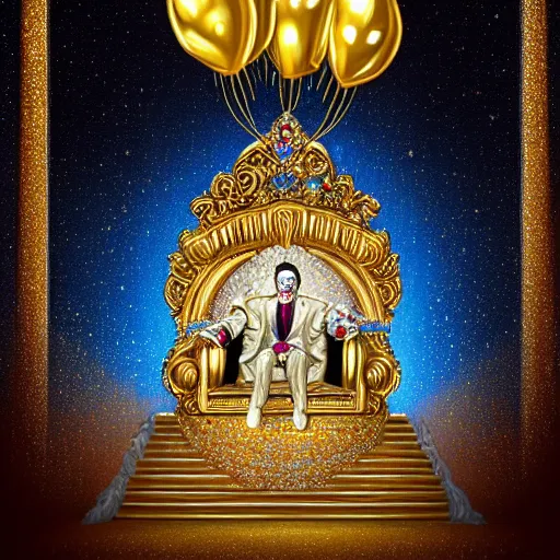 Image similar to shining giant throne made of millions of diamonds, gold and sapphires with thousands of light reflections, and a clown on a tuxedo suit is sitting on the throne while handing a golden balloon, dramatic light, digital painting, ultradetailed, artstation, oil painting