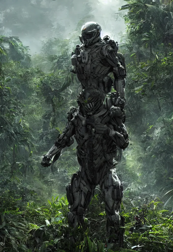 Prompt: soldier wearing a Nanosuit from Crysis is looking at the jungle in the Vietnam war, dynamic composition, cinematic lighting, warm and vibrant colors, art by Sam Weber and Michael C Hayes, 8k, trending on artstation, hyper detailed, cinematic