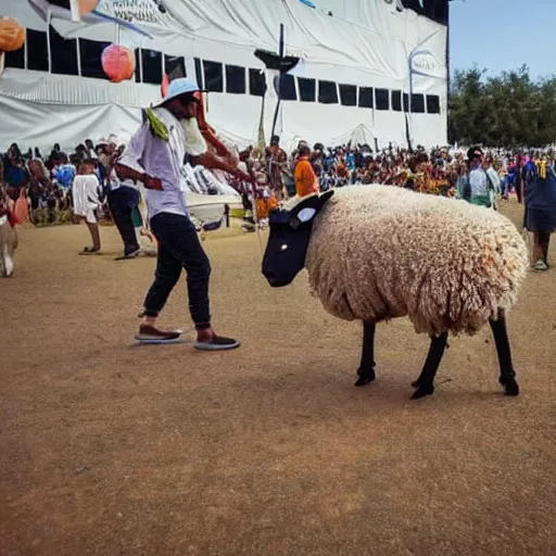 Prompt: a sheep walking in a pair of stilts carnival festival