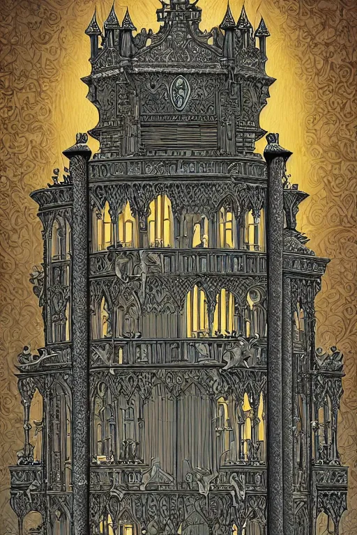 Prompt: ancient silver tower of the moon, fairytale illustration, elaborate carved wood balconies, tall windows, moorish architecture, formal gardens, dramatic cinematic lighting, beautiful moths, soft colors, golden age illustrator