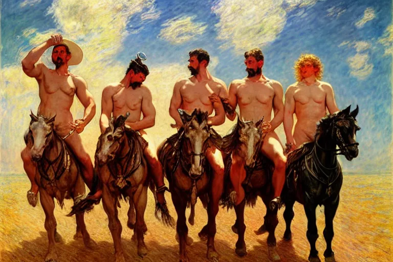 Image similar to the four horsemen of the apocalypse, painting by tom of finland, gaston bussiere, craig mullins, j. c. leyendecker, claude monet