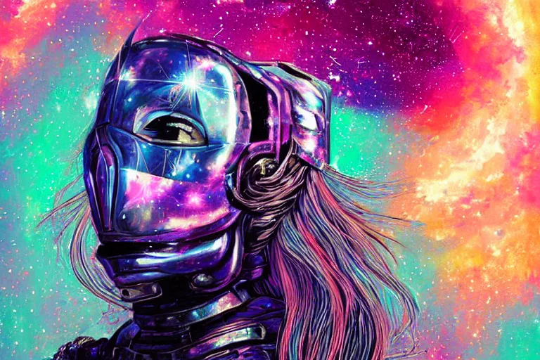 Image similar to digital art of a beautiful princess wearing suit of armor looking up at the stars, acrylic art, universe, painting, pastel colors, synthwave, retro, cyberpunk,