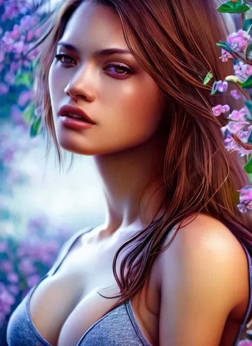 Image similar to photo of a gorgeous female in the style of stefan kostic, realistic, half body shot, sharp focus, 8 k high definition, insanely detailed, intricate, elegant, art by stanley lau and artgerm, extreme bokeh foliage