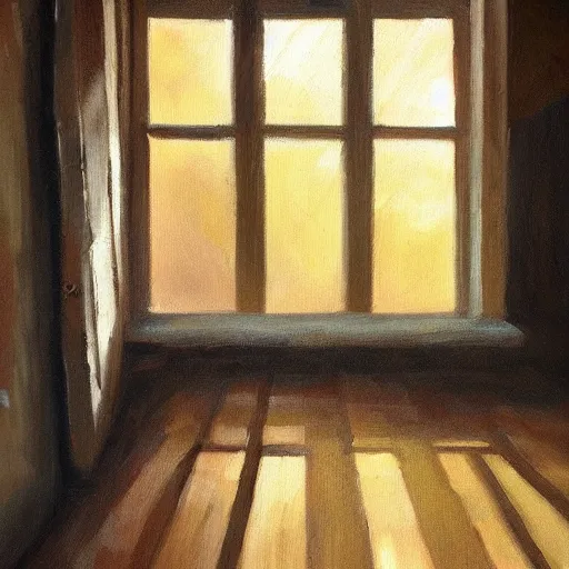 Image similar to oil painting of mostly empty cottage interior, one small window with sunlight shining onto the floor. artistic. cozy. wooden floor. rustic.