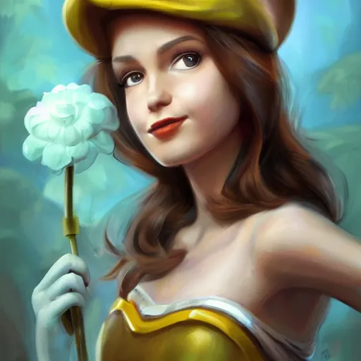 Prompt: princess daisy from super mario as realistic brunette human character art portrait, matte fantasy painting, deviantart artstation, by jason felix by steve argyle by tyler jacobson by peter mohrbacher, cinema c 9. 0