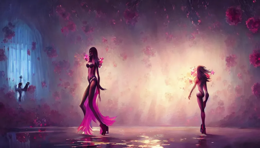 Image similar to victoria secret runway show, light, shadows, reflections, flowers, epic composition, intricate, elegant, volumetric lighting, digital painting, highly detailed, artstation, sharp focus, illustration, concept art, ruan jia, steve mccurry, artgerm and mina petrovic and timothy kong and marina federovna