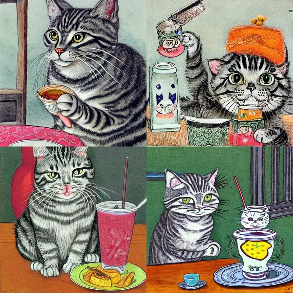 Prompt: a gray tabby cat, with a white nose, drinking boba tea through a straw - by louis wain. highly detailed.