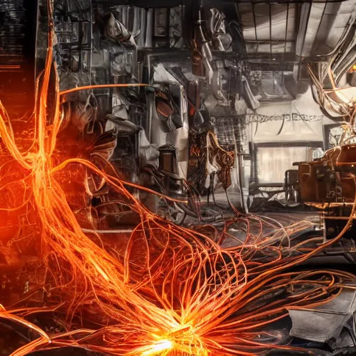 Prompt: smoothie blender, tangles of metallic cables, dark messy smoke - filled cluttered workshop, dark, dramatic lighting, orange tint, sparks, plasma charges, cinematic, highly detailed, sci - fi, futuristic, movie still