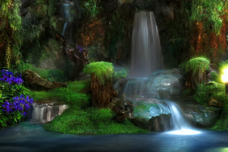 Prompt: An enchanted fantasy waterfall. Cinematic lighting. Photorealism.