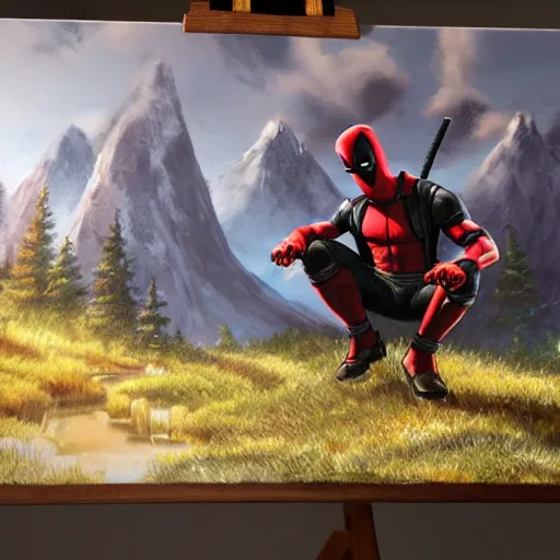 Image similar to a closeup photorealistic photograph of bob ross working on a canvas painting of deadpool. film still. brightly lit scene. mountains and trees. this 4 k hd image is trending on artstation, featured on behance, well - rendered, extra crisp, features intricate detail, epic composition and the style of unreal engine.