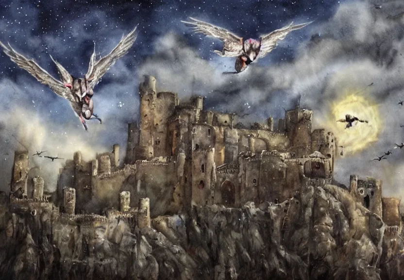 Prompt: Threatening winged possum flying over a medieval castle under a dark starred sky, dark fantasy, watercolor, dreaming illusion, highly detailed, 4k, trending on Artstation, award-winning