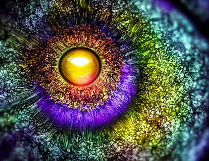 Prompt: macro photo of a eye with big colorful fractal iris , black renica, glass sphere ,symmetric ,detailed, photorealistic , unreal engine , macro photography ,flower