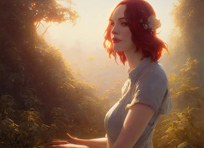 Image similar to full body view, highly detailed portrait of christina hendricks, stephen bliss, unreal engine, art by greg rutkowski, loish, rhads, ferdinand knab, makoto shinkai and lois van baarle, ilya kuvshinov, rossdraws, tom bagshaw, global illumination, radiant light, detailed and intricate environment