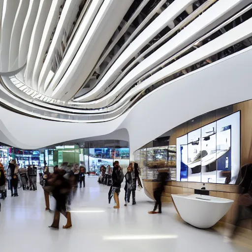 Image similar to A flagship Samsung store. white walls. timber floor. high ceilings with spots. curved white furniture with large digital screen. display tables with phones and tablets, pots with plants, digital screens on the walls, Architectural photography. 14mm. High Res 8K. award winning architectural design inspired by a Zaha Hadid, Foster and Partners, Calatrava, modern, high-tech, sci-fi