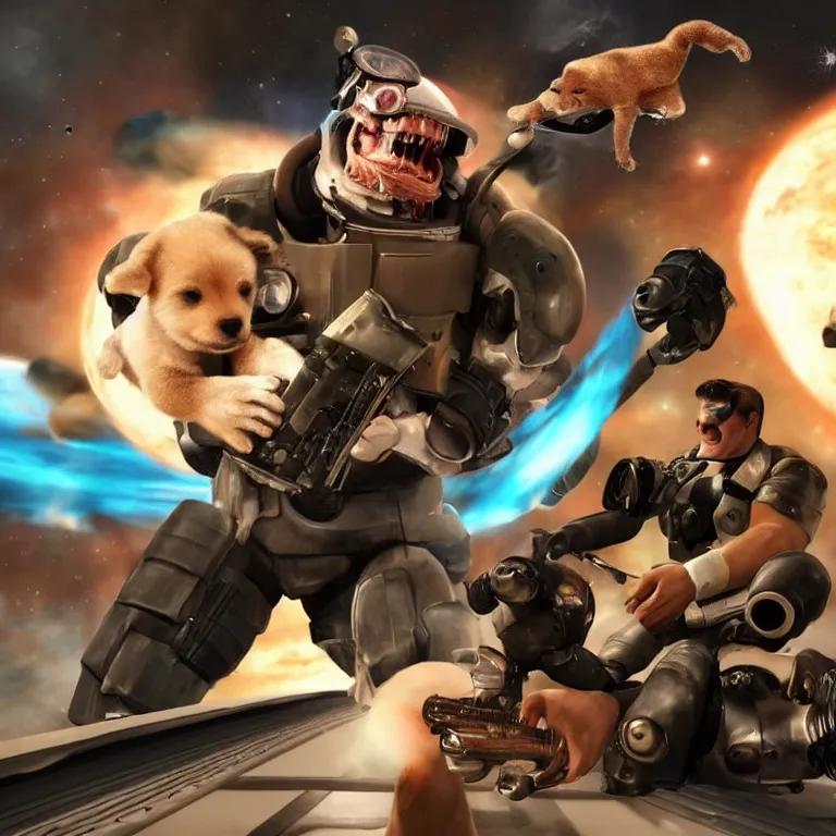 Image similar to t 8 0 0 terminator eating sandwich, hugging a cute puppy while surfing on a saxophone over rings of saturn in space, team fortress 2 sцcreenshot