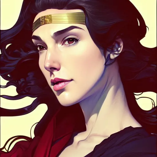 Image similar to a beautiful gal gadot as an superhero winona ryder fighting crime, art by ilya kuvshinov and lois van baarle and alphonse mucha and ross tran and range murata and artgerm, digital art, highly detailed, profile picture, intricate, sharp focus, trending on artstation hq, deviantart, pinterest, unreal engine 5, 4 k uhd image