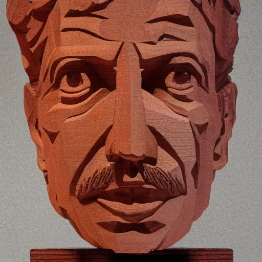 Prompt: accurate portrait of a bob dylan, symmetrical face, carved out of red oak wood on a pedestal by stephan balkenhol, geometric, dramatic lighting, artsy, 8 k