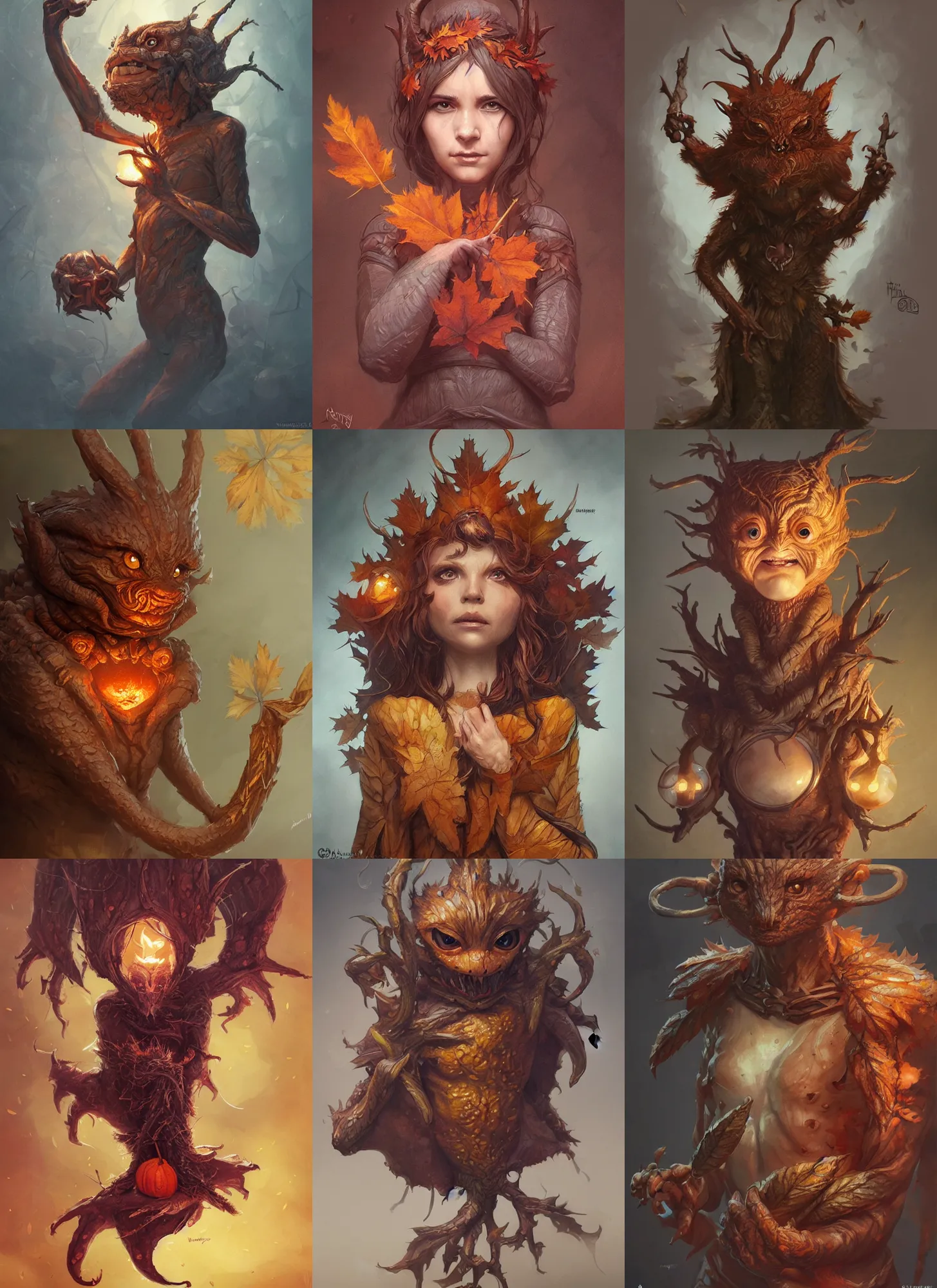 Prompt: cute autumnal mandrake monster, d & d, fantasy, portrait, highly detailed, digital painting, trending on artstation, concept art, sharp focus, illustration, art by artgerm and greg rutkowski and magali villeneuve