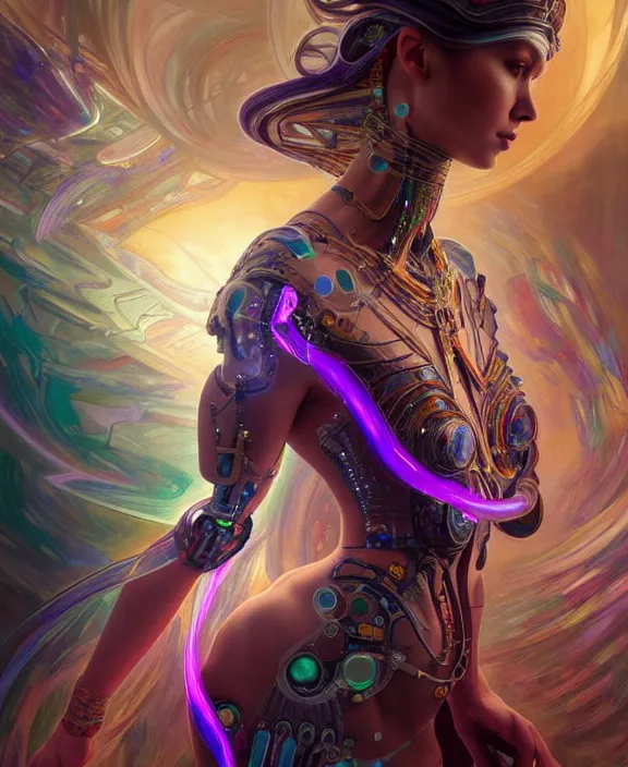 Image similar to a whirlwind of souls rushing inside the metaverse, half body, glowin eye, tiara with sapphire, pharaoh, android, cyborg, cyberpunk face, d & d, fantasy, intricate, elegant, highly detailed, colorful, vivid color, digital painting, artstation, concept art, art by artgerm and greg rutkowski and alphonse mucha and ruan jia