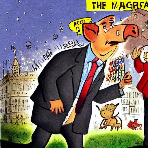 Image similar to pig chasing with hungarian prime minister viktor orban, highly detailed children book illustration from 1 9 7 0