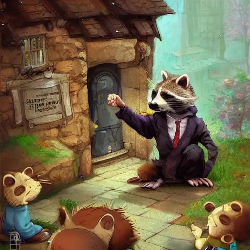 Prompt: Frank Dillane, petting raccoons, comical, funny, cute, cartoon, digital painting, old english, whimsical background by marc simonetti, artwork by liam wong