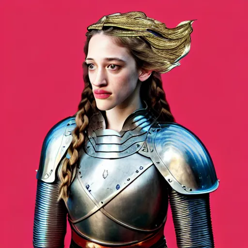 Prompt: full body portrait of a female knight, young kat dennings, golden etched armor, lord of the rings, she is happy, radiant, celtic hair braid, eldritch ruby amulet, by artgerm, she is wearing a silver helmet, alphonse mucha, face detail, sharp focus, high key lighting, vogue fashion photo