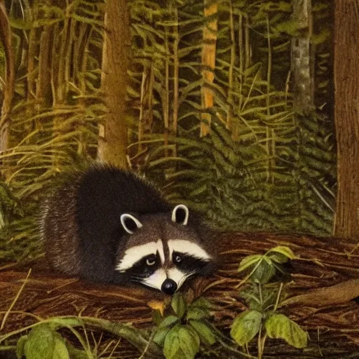 Image similar to a chubby raccoon, in forest, at night