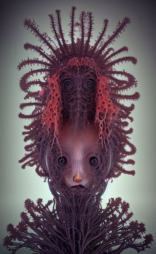 Image similar to intricate gothic girl mask, eagle coral, jelly fish, mandelbulb 3 d, fractal flame, octane render, cyborg, biomechanical, futuristic, by ernst haeckel