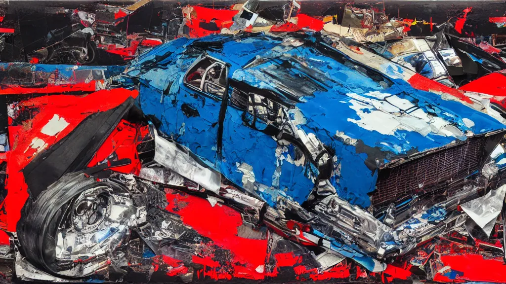 Image similar to lowrider crash test, collage paper and tape, black, blue, acid and red oil, acrylic on canvas, expressionism, high resolution, cinematic, unreal 6 breathtaking detailed, by blake neubert