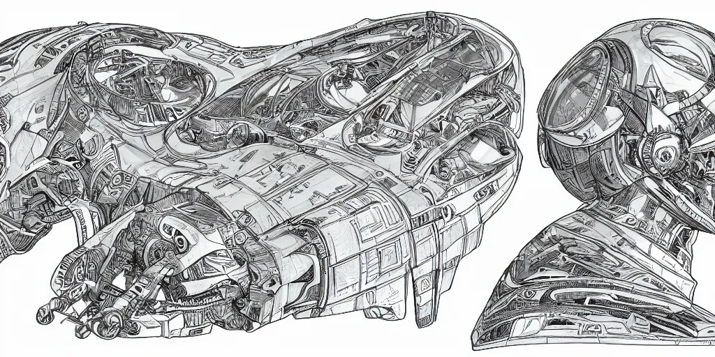 Image similar to highly detailed character sheet drawing, side view, sf interstellar travel drive designs, intricate and stylized spaceship designs