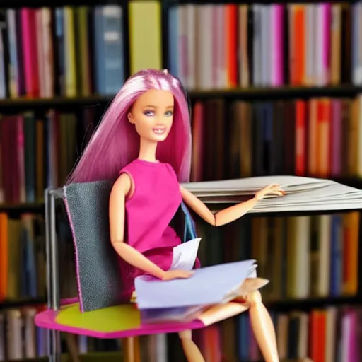 Image similar to a tired!!!!! and sad!!!!! barbie doll sits at a desk in her office. the desk is overflowing!!! with several large stacks!!! of paper that surround!!! her entirely. her head is resting on her hand, photorealistic,