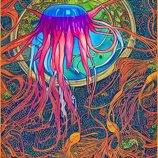 Image similar to ivan bilibin and edmund dulac and ilya kuvshinov and katsuhiro otomo inspired print of jellyfish in a bright ocean, deep focus, fantasy, intricate, elegant, highly detailed, digital painting, concept art, sharp focus, illustration, scarlet - green and mustard - indigo and azure - orange and white color scheme