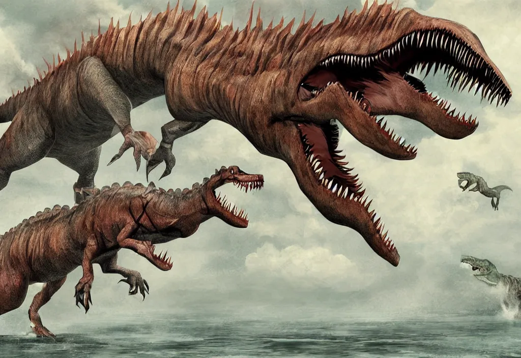 Image similar to Very detailed digital painting of a spinosaurus fighting with a t rex