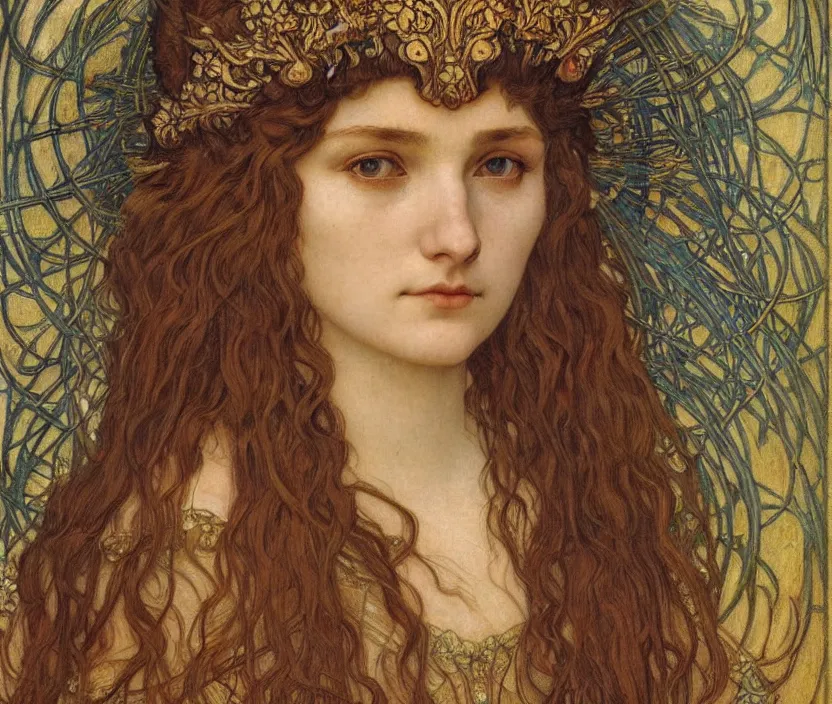 Image similar to detailed realistic beautiful young medieval queen face portrait by jean delville, alphonse mucha, vincent van gogh, and marco mazzoni, art nouveau, symbolist, visionary, gothic, pre - raphaelite